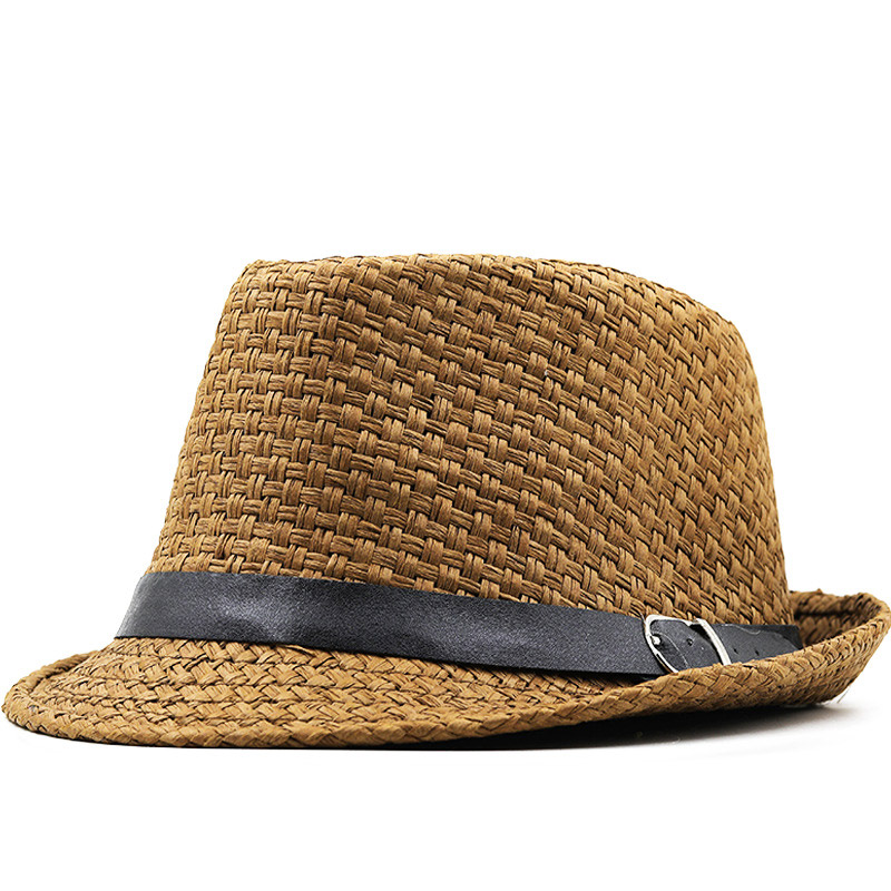 Mens Dark Brown Straw Cloth Trilby Sun Hat