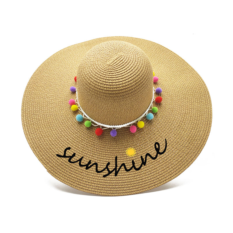 Pompom Trim Lady UPF 50+ Floppy Straw Hat